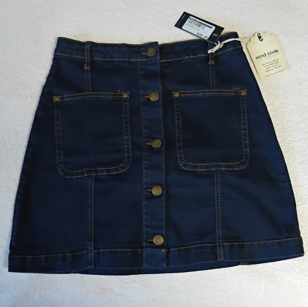 Mind Code Dark Blue A-Line Skirt with Brass Colored Button Accents. Size M. NWT
